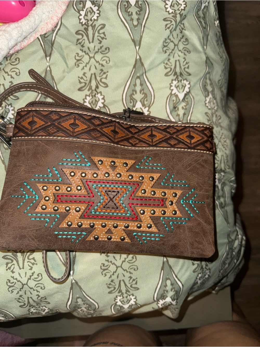 Montana West Brown Aztec Embroidered Wristlet with Turquoise & Red Accents